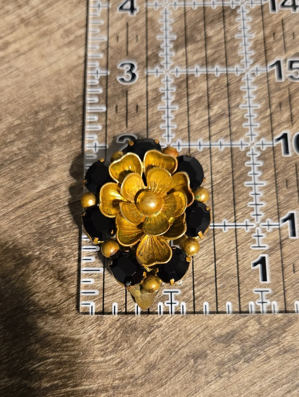 Vintage Mid-Century Brass & Jet Black Rhinestone Dress Clip 1.75